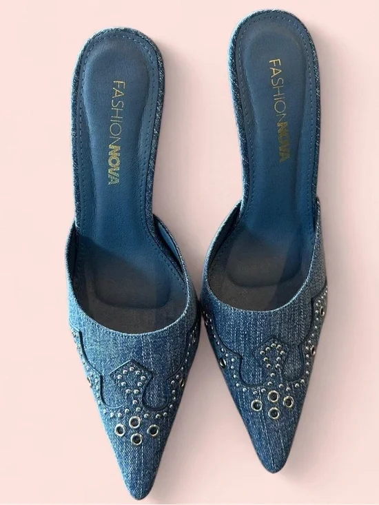 Fashion Nova Light Blue Denim Pointed Mule Heels with Stud Details - Picture 3 of 3